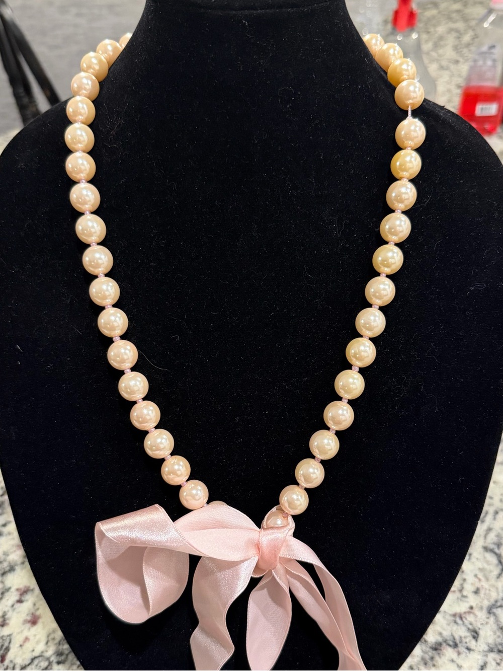 Source Unknown Pearl Necklace with Pink Ribbon Bow
